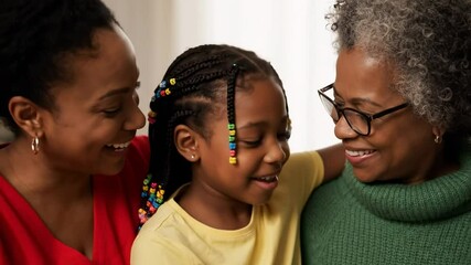Three generations of black women a girl with beaded braids embraced by her mother and grandmother look down - Powered by Adobe