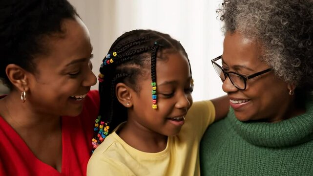 Three generations of black women a girl with beaded braids embraced by her mother and grandmother look down