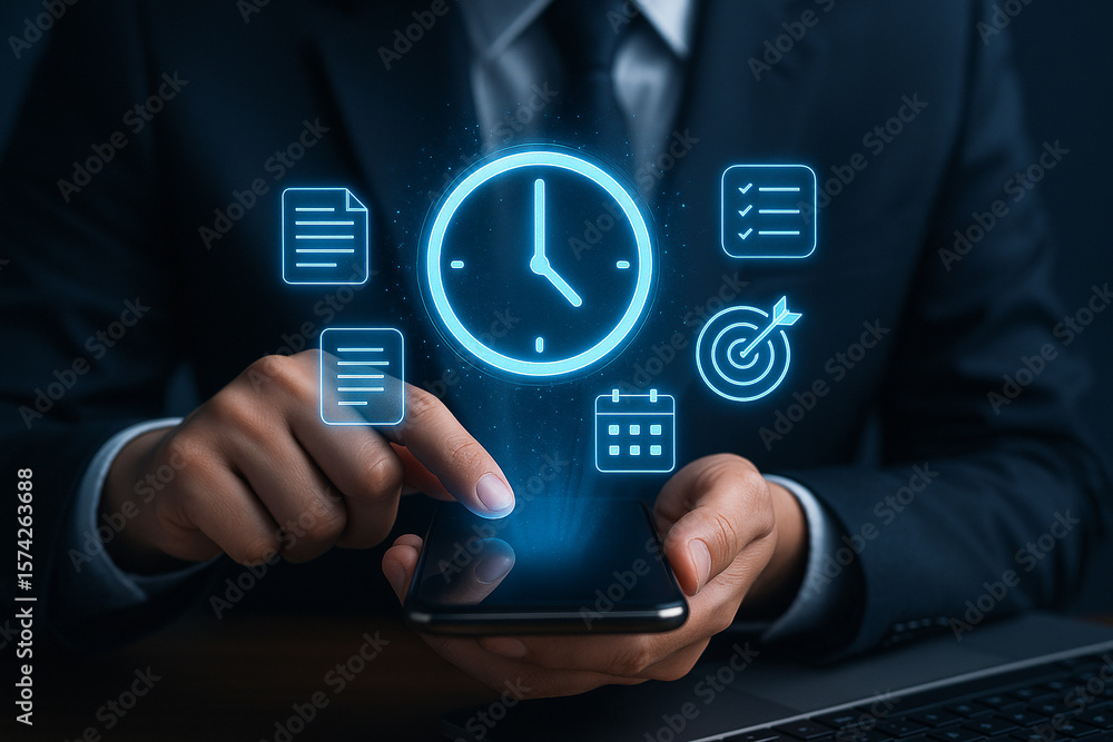 Poster time management app for productivity efficiency task scheduling and deadline optimization for busine