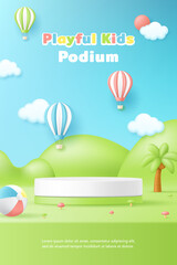 3D vector playful kid product display cylinder stand podium banner with hot air balloons and green hills. Perfect background for baby store, children toy, fashion discount promotion sale, social media