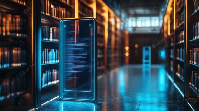 Futuristic Library with Glowing Smartphone Displaying Code, Neon Lights