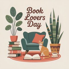 Cozy Book Lovers Day Scene with Cat, Books, and Plants
