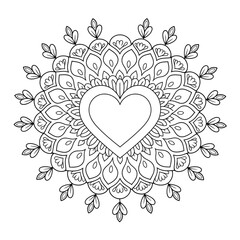 A black and white mandala love flower coloring page