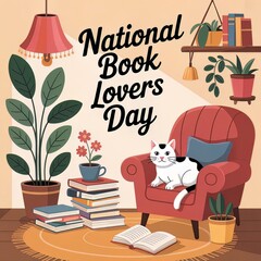 National Book Lovers Day Cozy Reading Nook with Cat and Plants