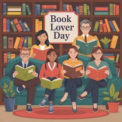 Diverse Group of Book Lovers Celebrating Book Lover Day Flat Design