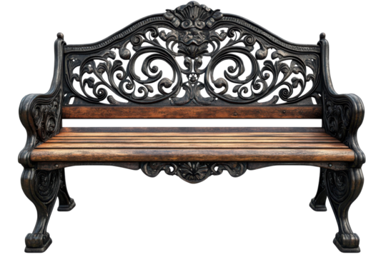 Vintage Wood Bench With Ornamental Metal Frame Ornate Ironwork Isolated Style And Design On Black