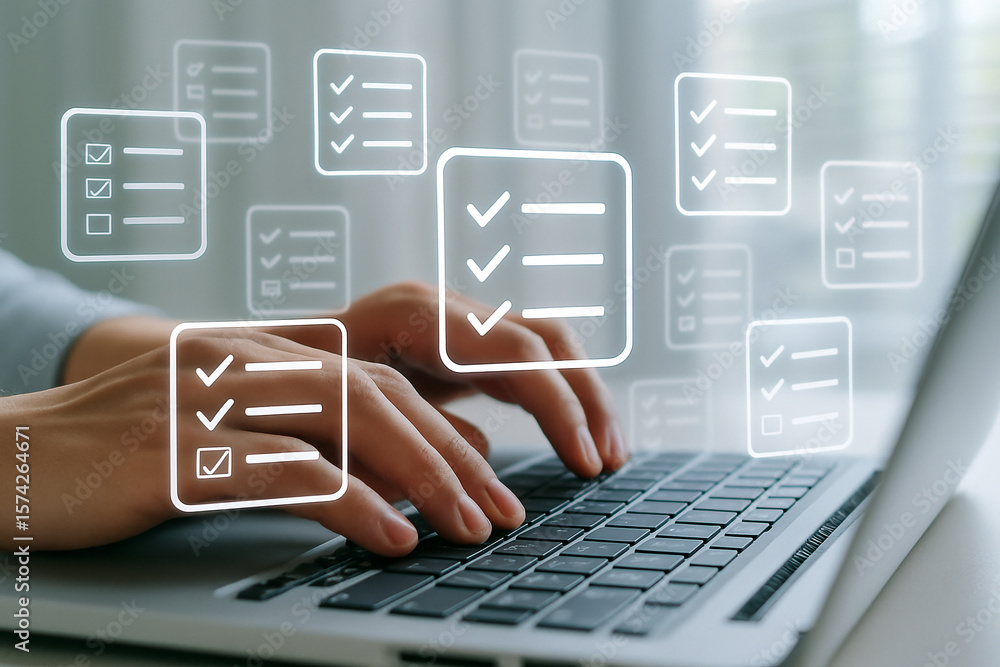 Poster online checklist task management software for productivity and efficient workflow on laptop computer