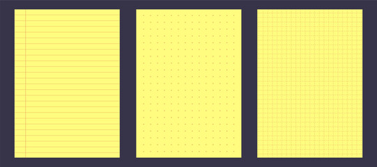 Set of yellow lined legal pad paper with lattice pattern, line and dots. Sheet for school notebook, office memo.