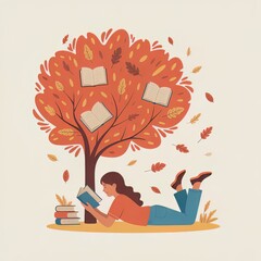 Girl Reading Under Autumn Tree with Books on Branches Illustration