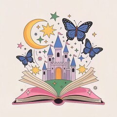 Magical Open Storybook with Castle, Butterflies, Moon, and Stars Illustration