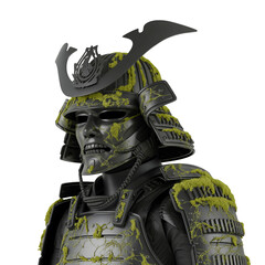 A samurai warrior in mosscovered armor stands isolated on transparent background