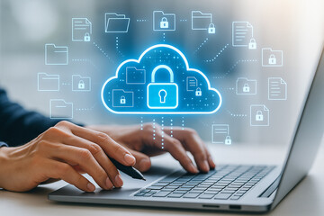 Cloud security data protection concept man using laptop for secure file transfer and storage online