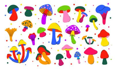 Mushroom set. Set of magical fantastic colorful mushrooms