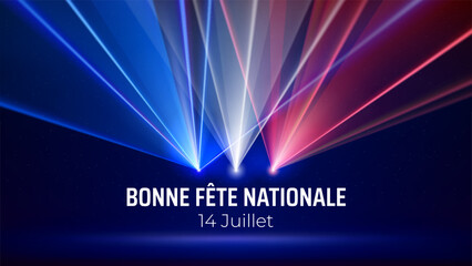Banner 14 july bastille day in france, poster with french colorful laser light show on dark blue background. Laser france flag. French national holiday. Vector. Translation Happy National Day July 14