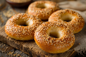 Fresh Sesame Bagels on Wooden Board