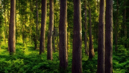 Fototapeta premium Sunlight peeking through a dense forest of trees in the morning woods