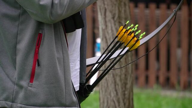 Arrow back close up, arrow nock
Arrows for archery. Yellow arrows in quiver - case for arrows
Arrows in the quiver
