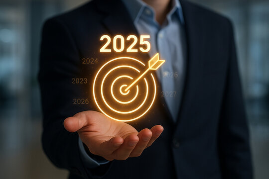 Business man holding target for future success planning and achieving goals in year twenty twenty five