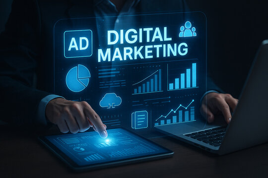 Digital marketing strategy advertising online business seo analytics and social media management concept