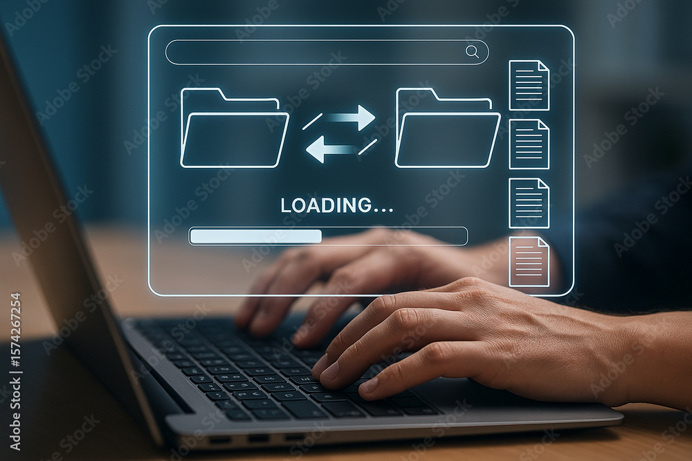Poster file transfer loading process on laptop for data migration and backup copy concept technology