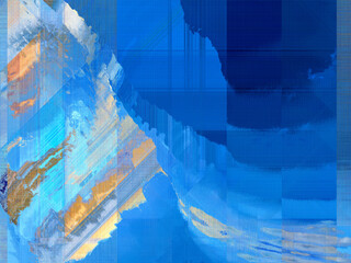 Abstract glitch art background resembling a snowy mountain landscape.