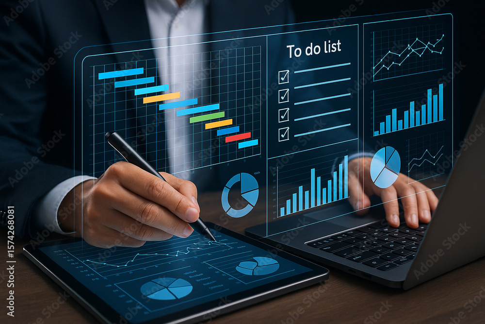 Poster project management software for business planning and task management with gantt charts and to do li