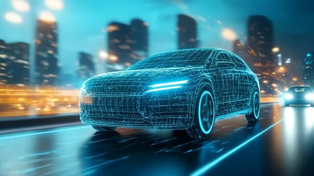 Futuristic Wireframe Car Navigating a Neon City at Night.
