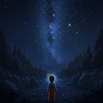 Young Krishna Gazing at the Milky Way in a Forest Night Sky

