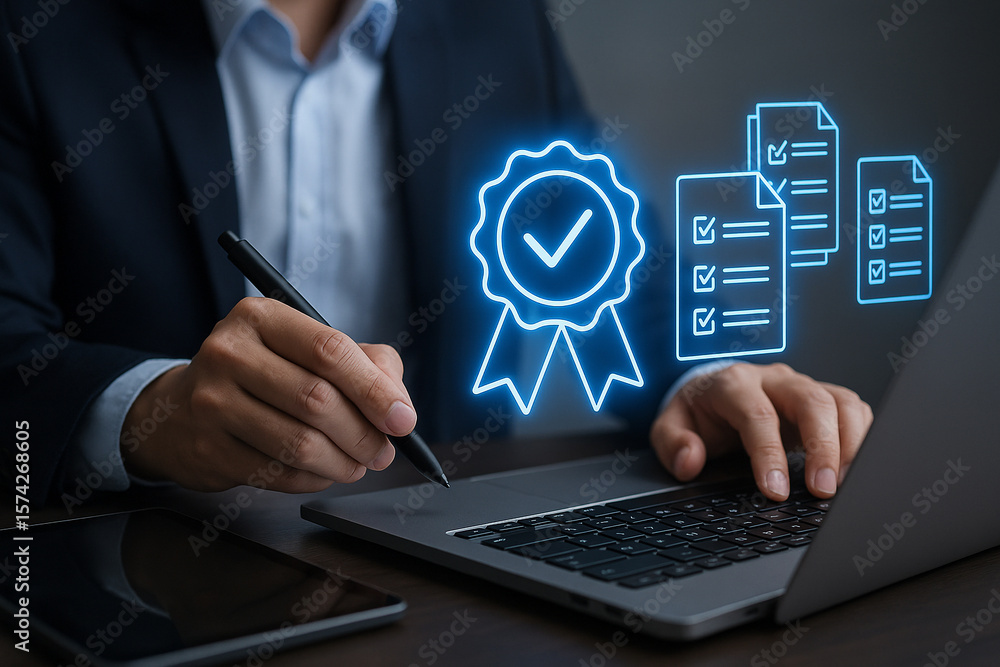 Poster man working on laptop with quality assurance badge and checklist icons overlayed on the screen displ
