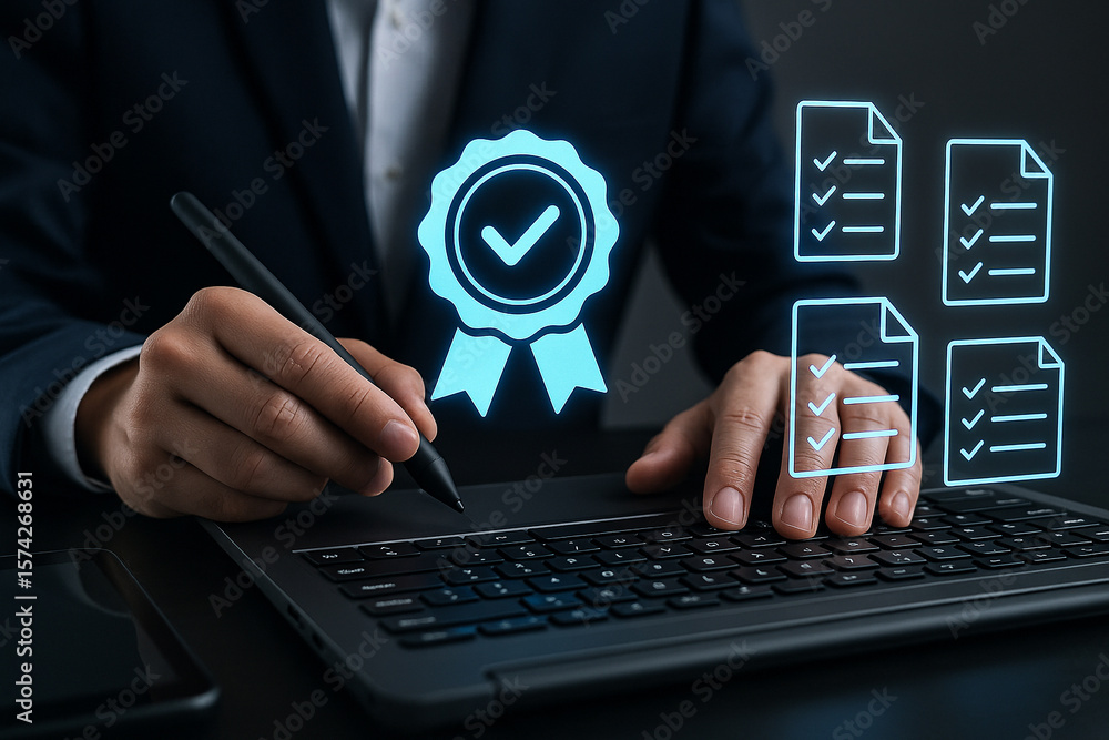 Poster a person using a stylus on a laptop with quality check marks and document icons floating above it