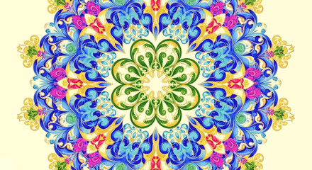 Vibrant Circular Mandala with Blue Green and Gold Floral Ornament.