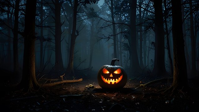 Calabaza iluminada de Halloween en bosque oscuro con niebla