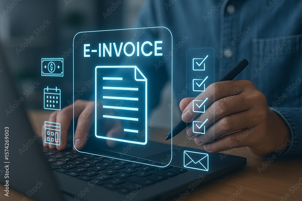 Poster person using laptop with e invoice interface and checklist for digital document management system