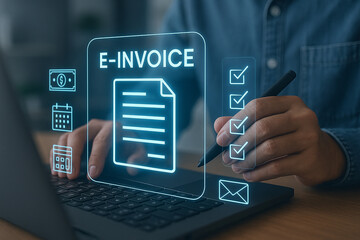 Person using laptop with e invoice interface and checklist for digital document management system