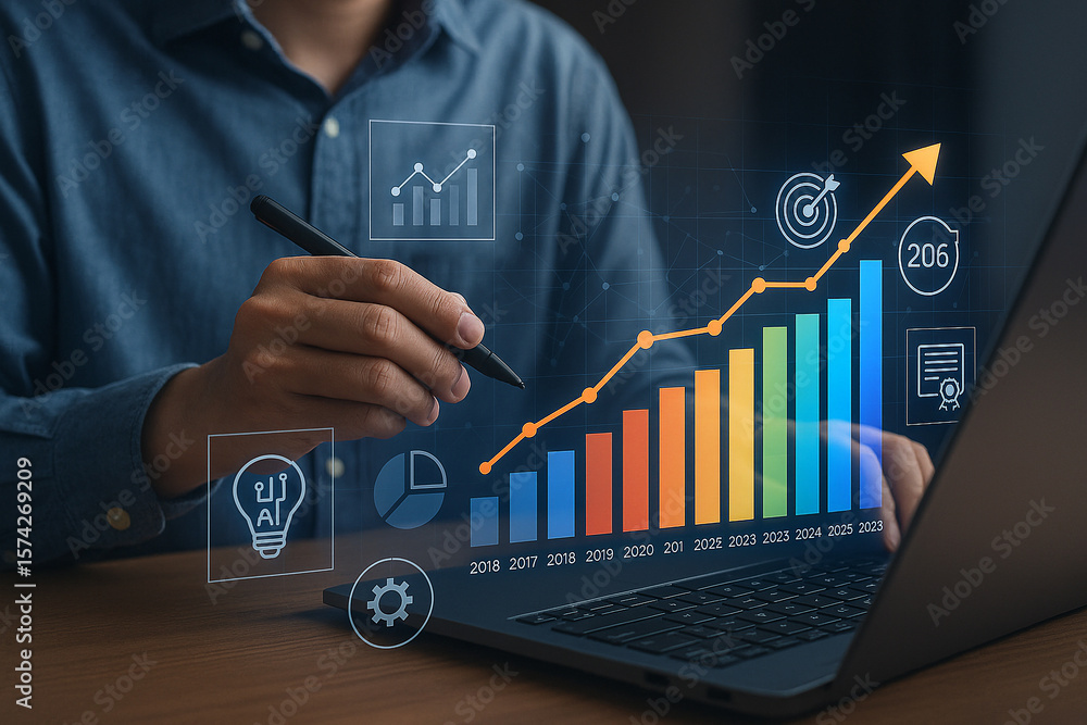 Poster person using a laptop with a financial chart and data visualizations projected onto the screen surfa