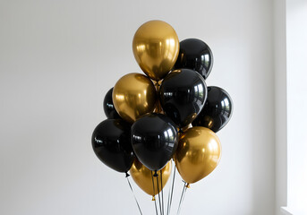 Cluster of Black and Gold Balloons Against a White Background