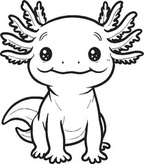 Cute Axolotl Cartoon Illustration &ndash; Black and White Line Art for Coloring and Design Projects