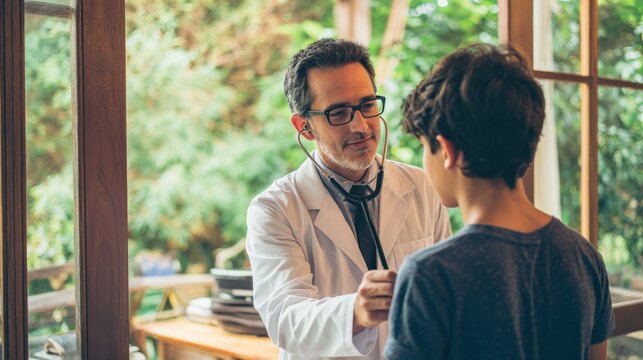 Calm male doctor examining heart rate of teenage patient with stethoscope, hospital background with natural light..