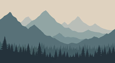 Serene Mountain Landscape with Evergreen Forest Silhouette in Blue and Beige Tones. © Louiskusuma