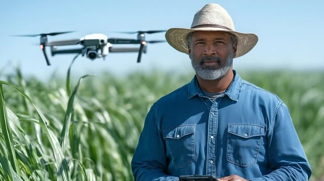 A farmer harvesting switchgrass with a drone flying overhead capturing crop efficiency data