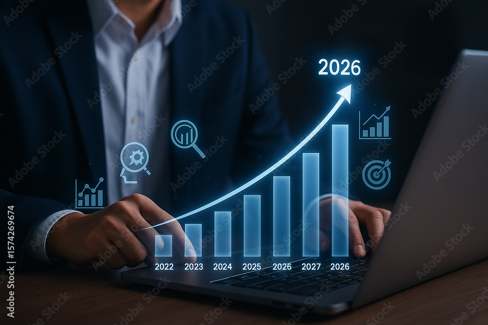 Poster man using laptop with projected growth chart reaching target of year twenty twenty six projected abo