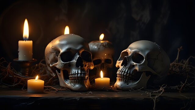 Calaveras con velas encendidas en escena oscura y tenebrosa