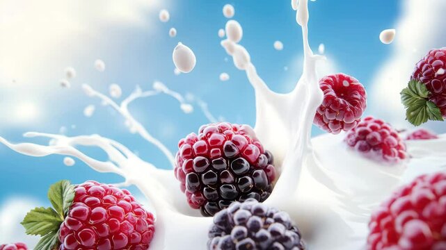 Raspberries and blackberries create a vibrant splash in creamy white milk against a clear blue sky.