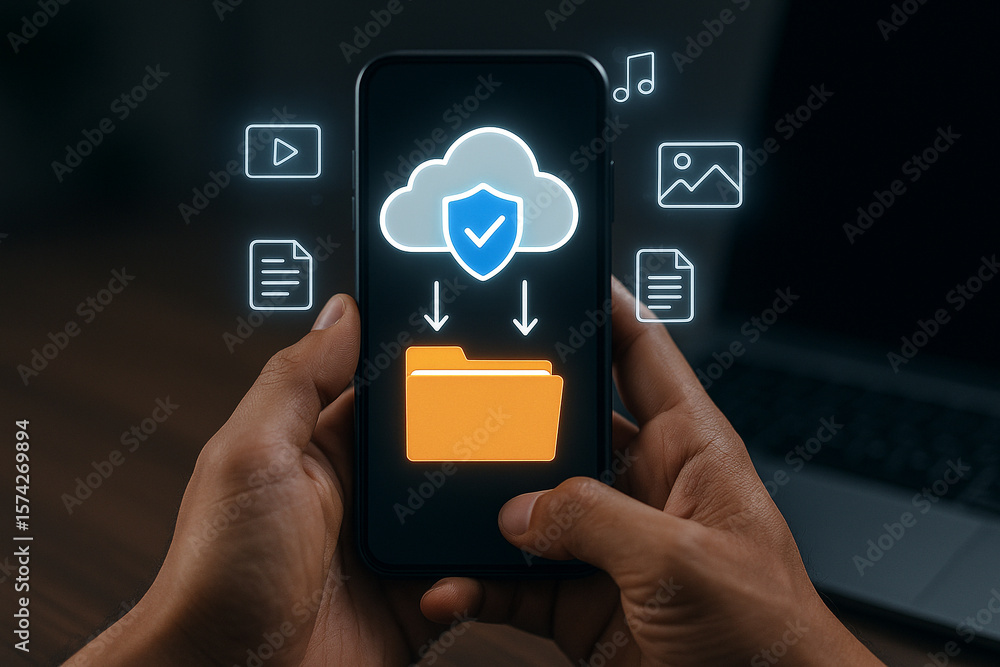 Poster person holding phone displaying cloud storage and file transfer with security features shown