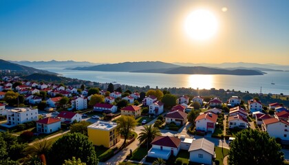 an expansive view of a coastal town at sunset, with the sun low on the horizon to the right. the sky is mostly clear with some clouds scattered across it