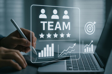 A person working on a laptop with a digital overlay of team performance metrics and analysis graphs shown