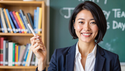 Young Asian woman smiling while holding a marker in classroom  