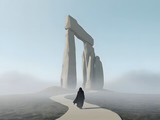 Mysterious Journey A Solitary Figure Approaches Ancient Stone Gateway in Fog