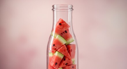 Watermelon Wedges in Glass Bottle, Pink Background, Refreshing Summer Still Life