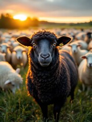 A black sheep standing out in a field of white sheep during a vibrant sunset golden hour light
